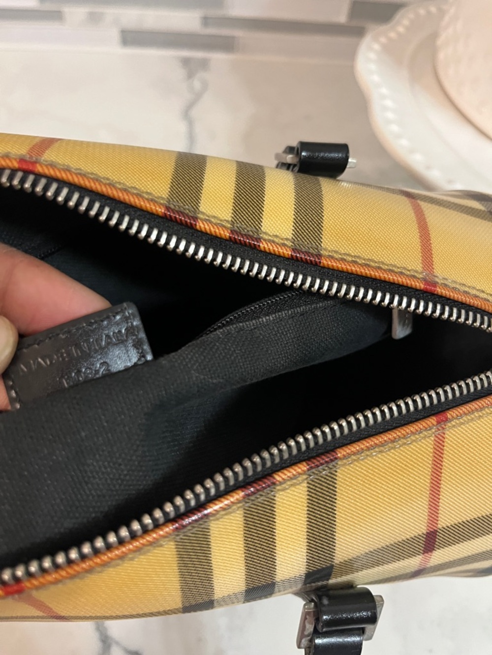 Burberry Beige Plaid Barrel Satchel with Black Trim - Picture 11 of 13